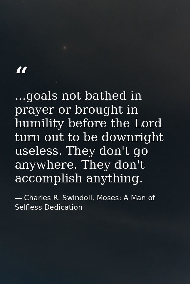 ...goals not bathed in prayer or brought in humility before the Lord turn out to be downright useless. They don't go any — Charles R. Swindoll, Moses: A Man of Selfless Dedication
