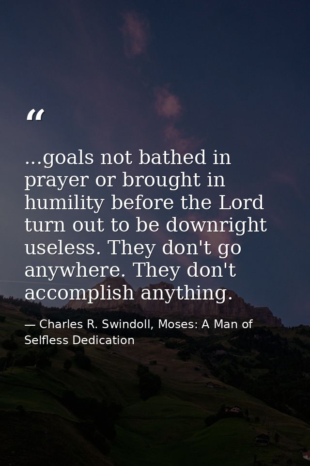 ...goals not bathed in prayer or brought in humility before the Lord turn out to be downright useless. They don't go any — Charles R. Swindoll, Moses: A Man of Selfless Dedication