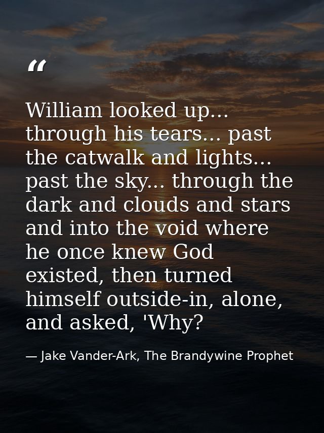 William looked up... through his tears... past the catwalk and lights... past the sky... through the dark and clouds and — Jake Vander-Ark, The Brandywine Prophet