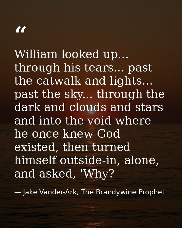 William looked up... through his tears... past the catwalk and lights... past the sky... through the dark and clouds and — Jake Vander-Ark, The Brandywine Prophet