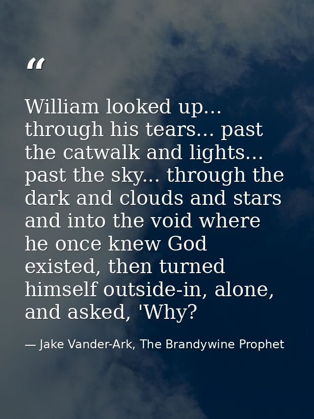 William looked up... through his tears... past the catwalk and lights... past the sky... through the dark and clouds and — Jake Vander-Ark, The Brandywine Prophet