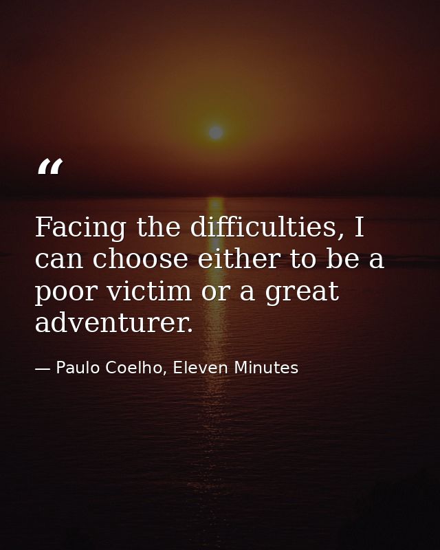 Facing the difficulties, I can choose either to be a poor victim or a great adventurer. — Paulo Coelho, Eleven Minutes