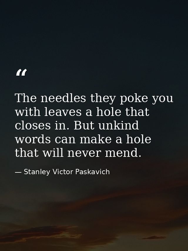 The needles they poke you with leaves a hole that closes in. But unkind words can make a hole that will never mend. — Stanley Victor Paskavich