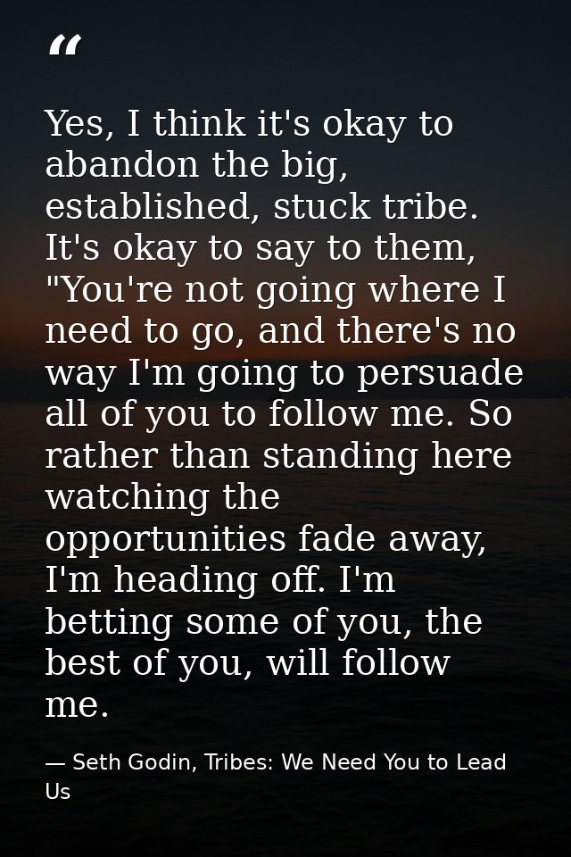 Yes, I think it's okay to abandon the big, established, stuck tribe. It's okay to say to them, "You're not going where I — Seth Godin, Tribes: We Need You to Lead Us