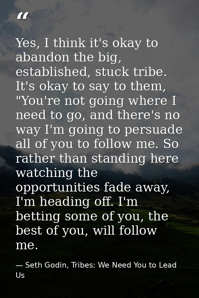 Yes, I think it's okay to abandon the big, established, stuck tribe. It's okay to say to them, "You're not going where I — Seth Godin, Tribes: We Need You to Lead Us