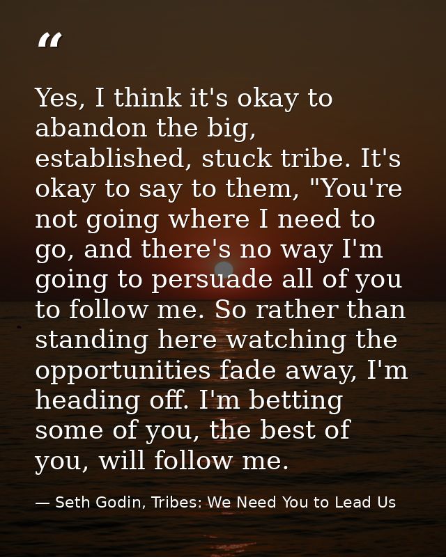 Yes, I think it's okay to abandon the big, established, stuck tribe. It's okay to say to them, "You're not going where I — Seth Godin, Tribes: We Need You to Lead Us
