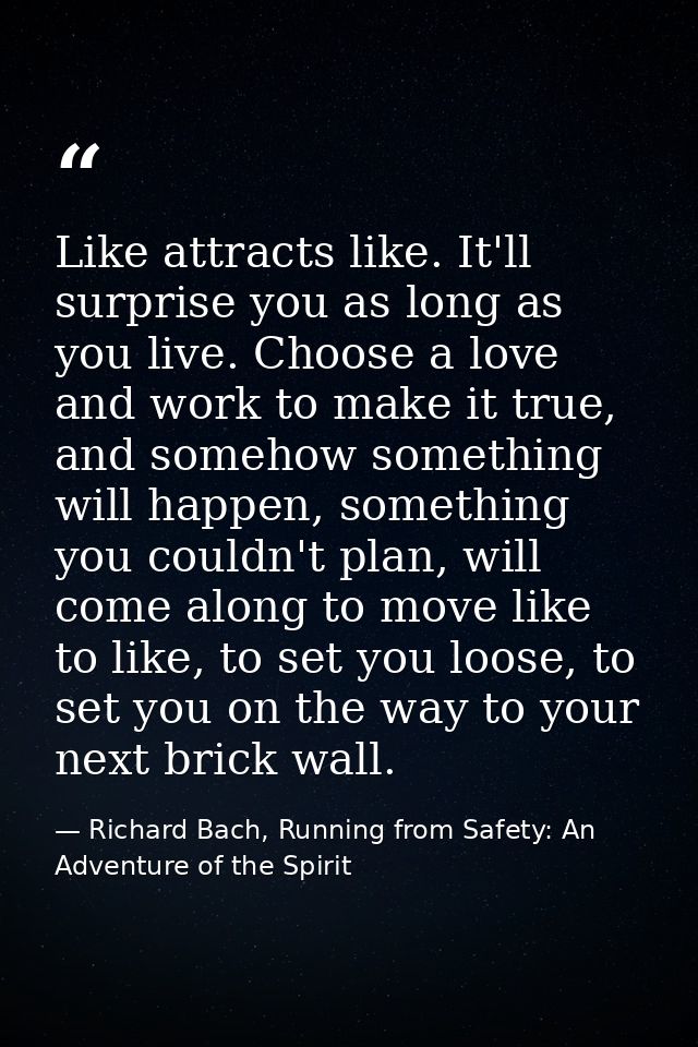 Like attracts like. It'll surprise you as long as you live. Choose a love and work to make it true, and somehow somethin — Richard Bach, Running from Safety: An Adventure of the Spirit