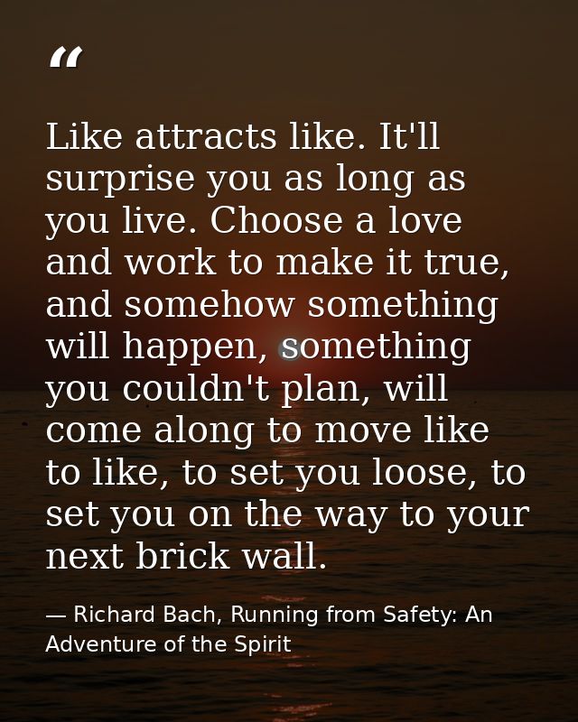 Like attracts like. It'll surprise you as long as you live. Choose a love and work to make it true, and somehow somethin — Richard Bach, Running from Safety: An Adventure of the Spirit