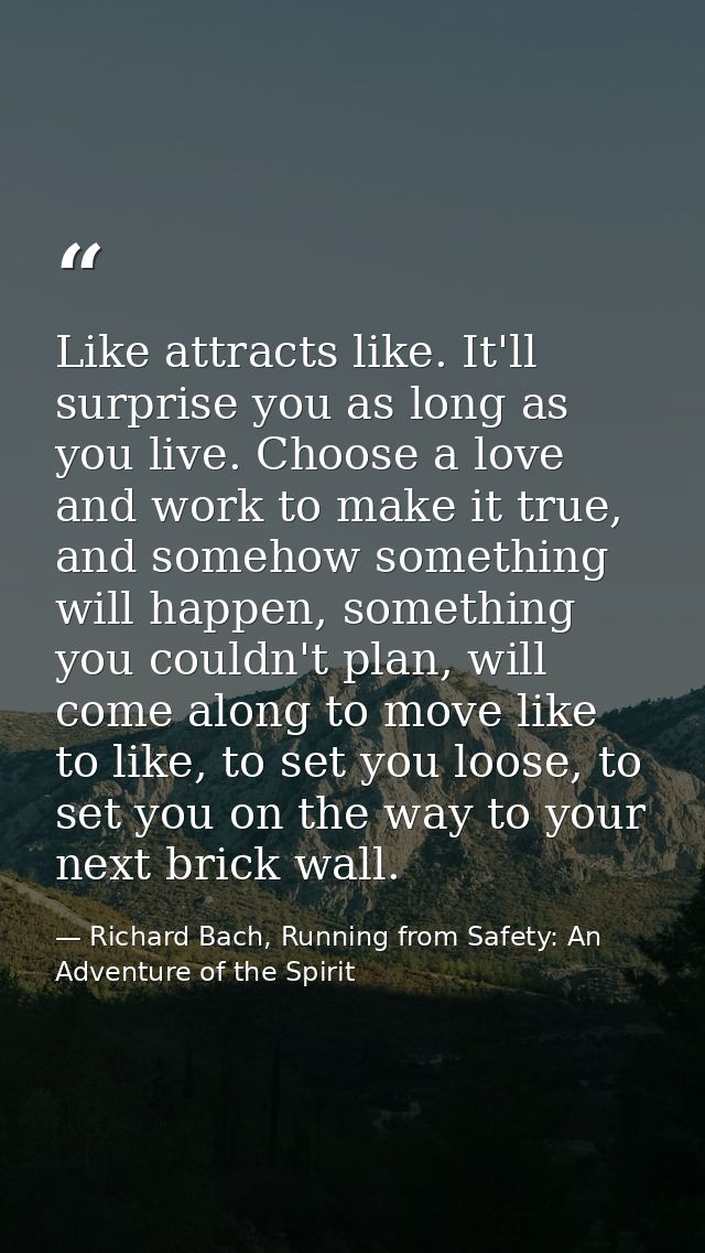 Like attracts like. It'll surprise you as long as you live. Choose a love and work to make it true, and somehow somethin — Richard Bach, Running from Safety: An Adventure of the Spirit