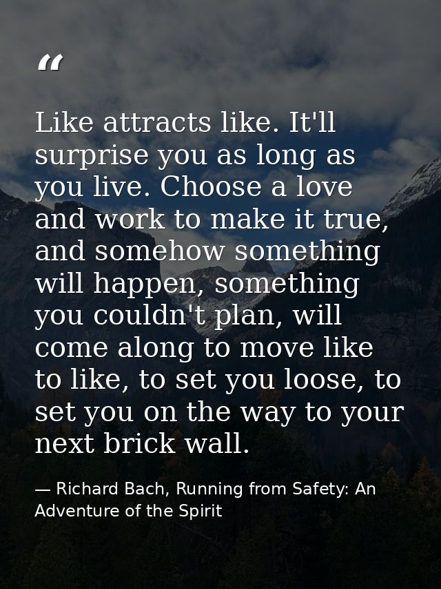 Like attracts like. It'll surprise you as long as you live. Choose a love and work to make it true, and somehow somethin — Richard Bach, Running from Safety: An Adventure of the Spirit