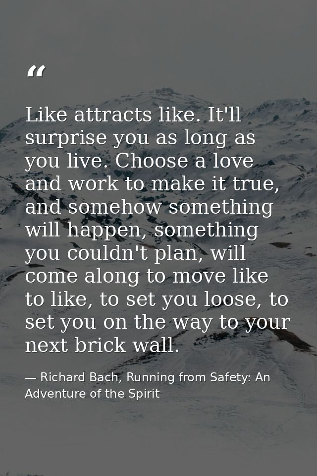 Like attracts like. It'll surprise you as long as you live. Choose a love and work to make it true, and somehow somethin — Richard Bach, Running from Safety: An Adventure of the Spirit