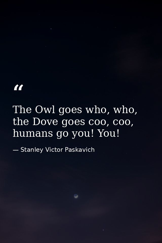 The Owl goes who, who, the Dove goes coo, coo, humans go you! You! — Stanley Victor Paskavich
