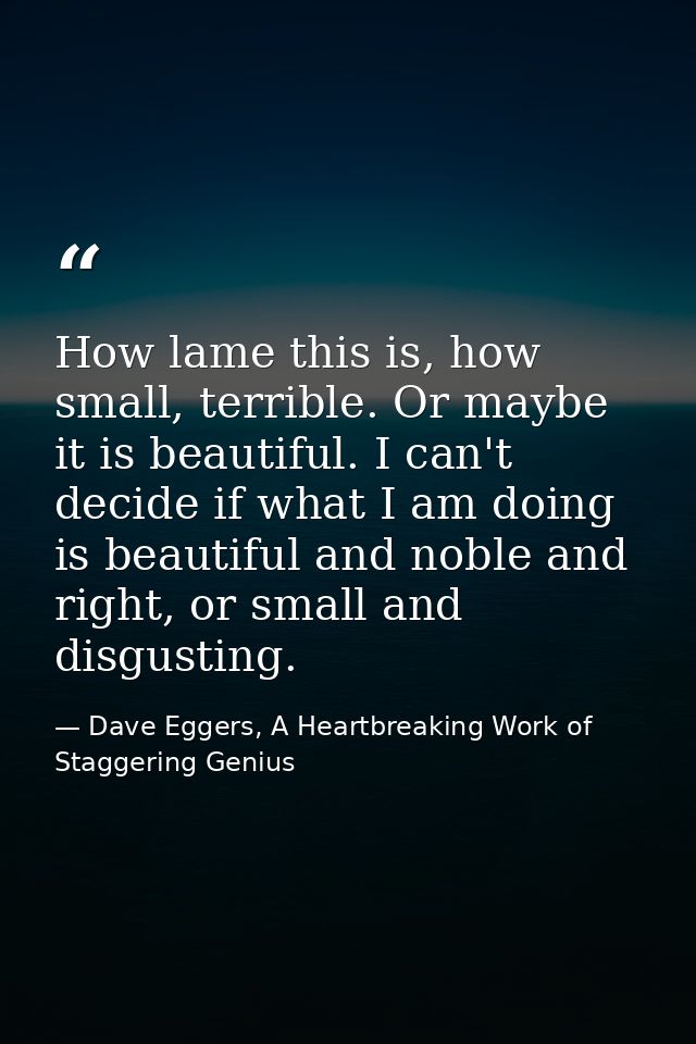 How lame this is, how small, terrible. Or maybe it is beautiful. I can't decide if what I am doing is beautiful and nobl — Dave Eggers, A Heartbreaking Work of Staggering Genius