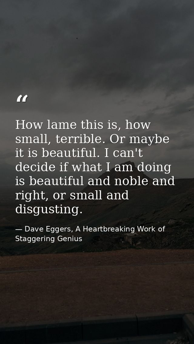 How lame this is, how small, terrible. Or maybe it is beautiful. I can't decide if what I am doing is beautiful and nobl — Dave Eggers, A Heartbreaking Work of Staggering Genius