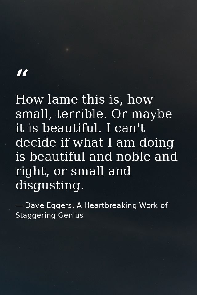 How lame this is, how small, terrible. Or maybe it is beautiful. I can't decide if what I am doing is beautiful and nobl — Dave Eggers, A Heartbreaking Work of Staggering Genius