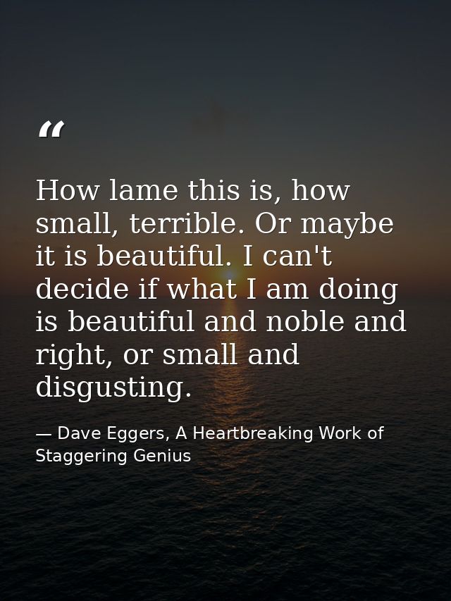 How lame this is, how small, terrible. Or maybe it is beautiful. I can't decide if what I am doing is beautiful and nobl — Dave Eggers, A Heartbreaking Work of Staggering Genius