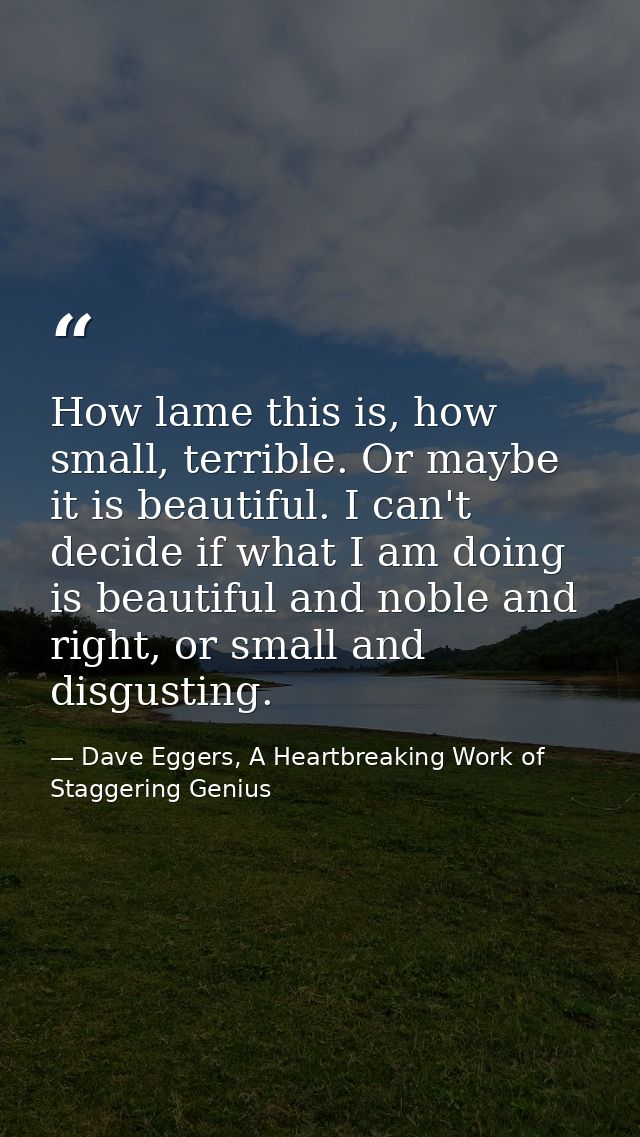 How lame this is, how small, terrible. Or maybe it is beautiful. I can't decide if what I am doing is beautiful and nobl — Dave Eggers, A Heartbreaking Work of Staggering Genius