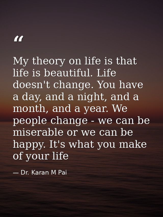 My theory on life is that life is beautiful. Life doesn't change. You have a day, and a night, and a month, and a year.  — Dr. Karan M Pai