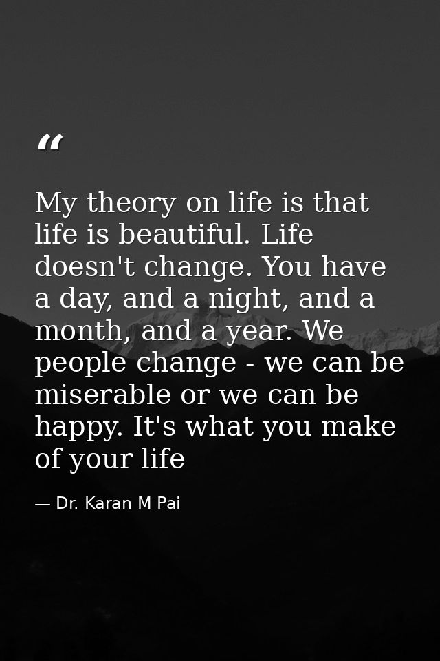 My theory on life is that life is beautiful. Life doesn't change. You have a day, and a night, and a month, and a year.  — Dr. Karan M Pai