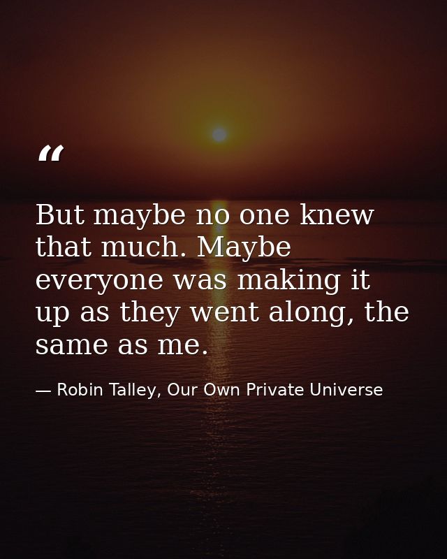 But maybe no one knew that much. Maybe everyone was making it up as they went along, the same as me. — Robin Talley, Our Own Private Universe