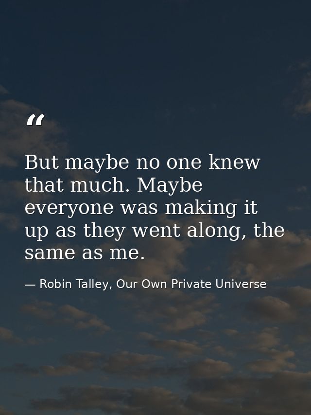 But maybe no one knew that much. Maybe everyone was making it up as they went along, the same as me. — Robin Talley, Our Own Private Universe