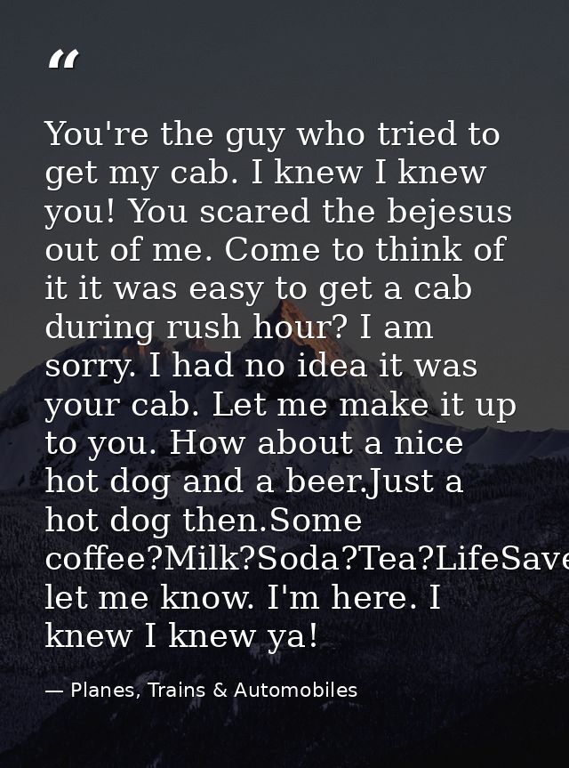 You're the guy who tried to get my cab. I knew I knew you! You scared the bejesus out of me. Come to think of it it was  — Planes, Trains & Automobiles