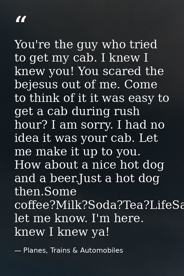 You're the guy who tried to get my cab. I knew I knew you! You scared the bejesus out of me. Come to think of it it was  — Planes, Trains & Automobiles
