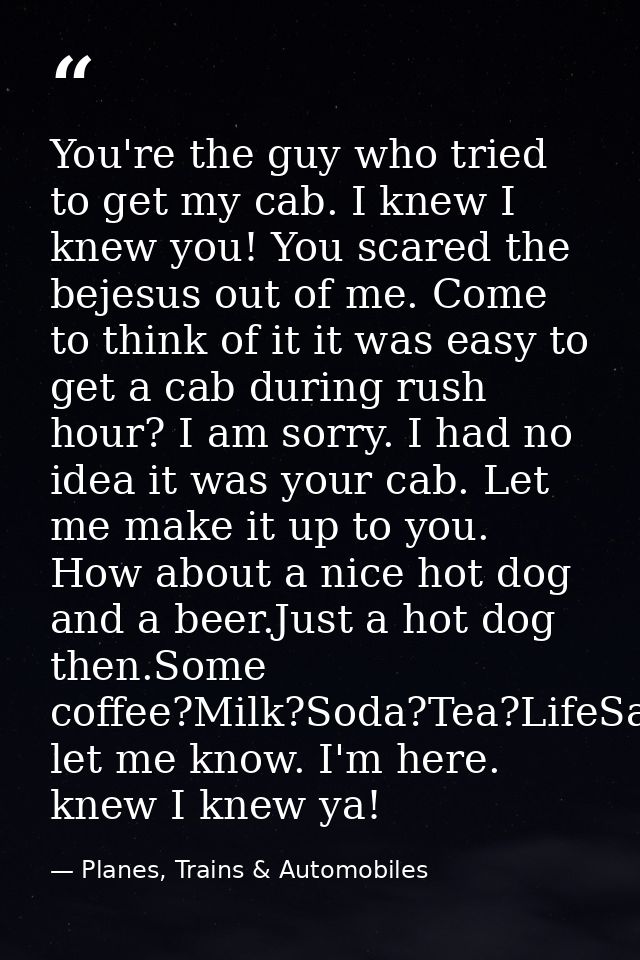 You're the guy who tried to get my cab. I knew I knew you! You scared the bejesus out of me. Come to think of it it was  — Planes, Trains & Automobiles
