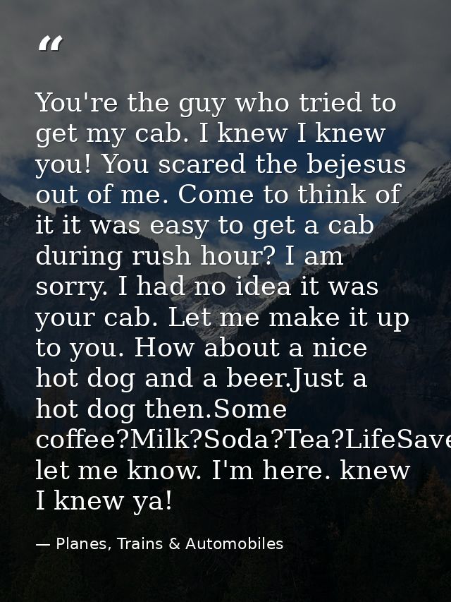 You're the guy who tried to get my cab. I knew I knew you! You scared the bejesus out of me. Come to think of it it was  — Planes, Trains & Automobiles
