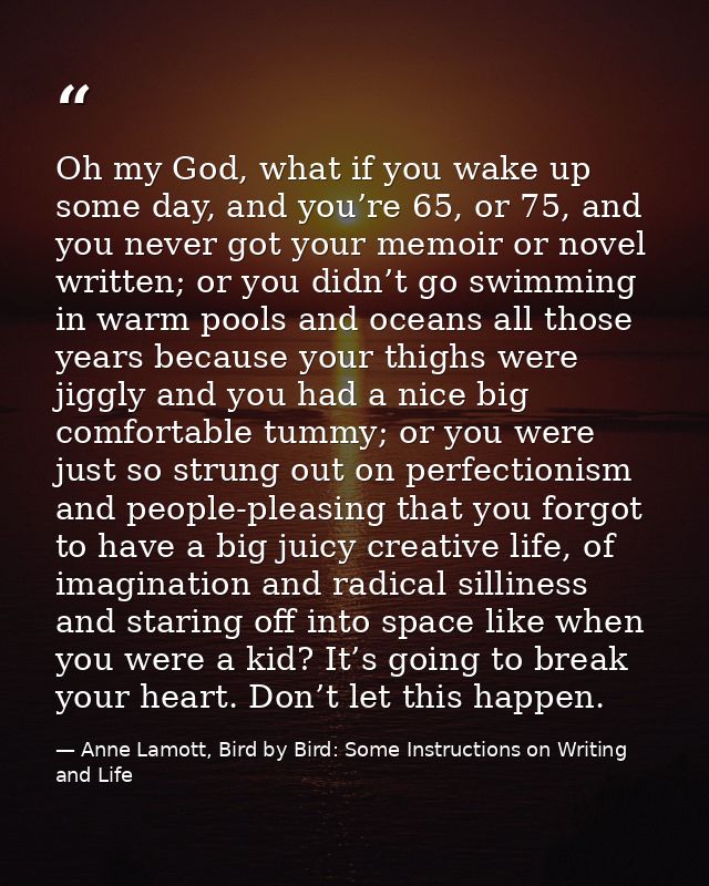Oh my God, what if you wake up some day, and you’re 65, or 75, and you never got your memoir or novel written; or you di — Anne Lamott, Bird by Bird: Some Instructions on Writing and Life