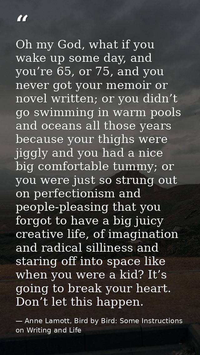 Oh my God, what if you wake up some day, and you’re 65, or 75, and you never got your memoir or novel written; or you di — Anne Lamott, Bird by Bird: Some Instructions on Writing and Life