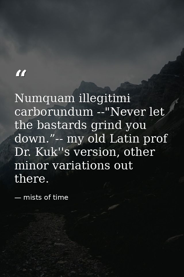 Numquam illegitimi carborundum --"Never let the bastards grind you down.”-- my old Latin prof Dr. Kuk''s version, other  — mists of time