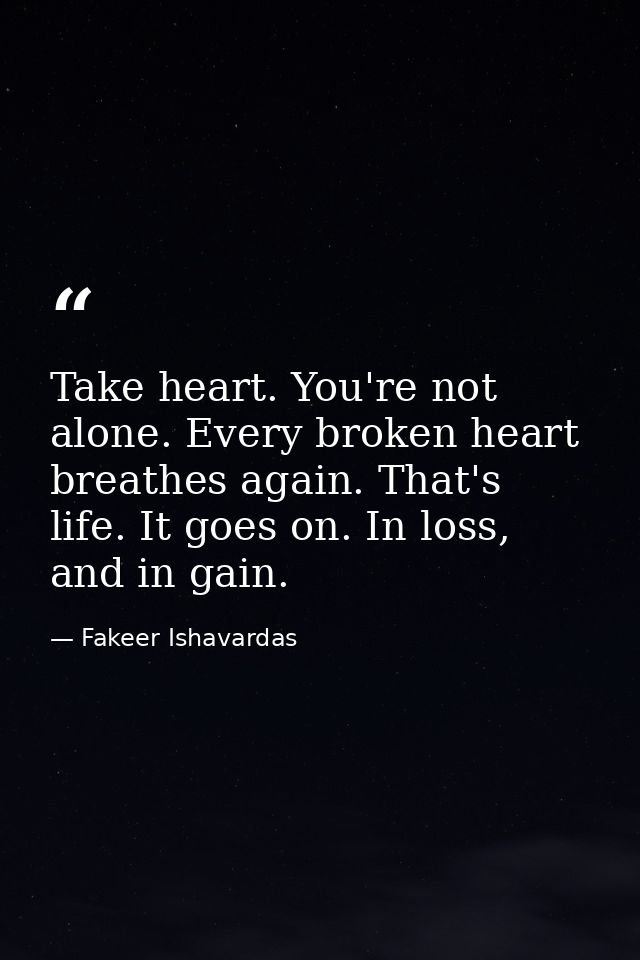 Take heart. You're not alone. Every broken heart breathes again. That's life. It goes on. In loss, and in gain. — Fakeer Ishavardas