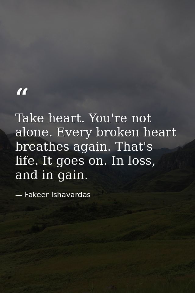 Take heart. You're not alone. Every broken heart breathes again. That's life. It goes on. In loss, and in gain. — Fakeer Ishavardas