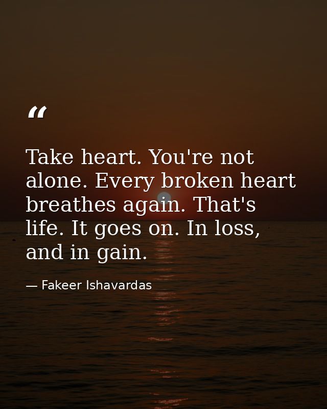 Take heart. You're not alone. Every broken heart breathes again. That's life. It goes on. In loss, and in gain. — Fakeer Ishavardas