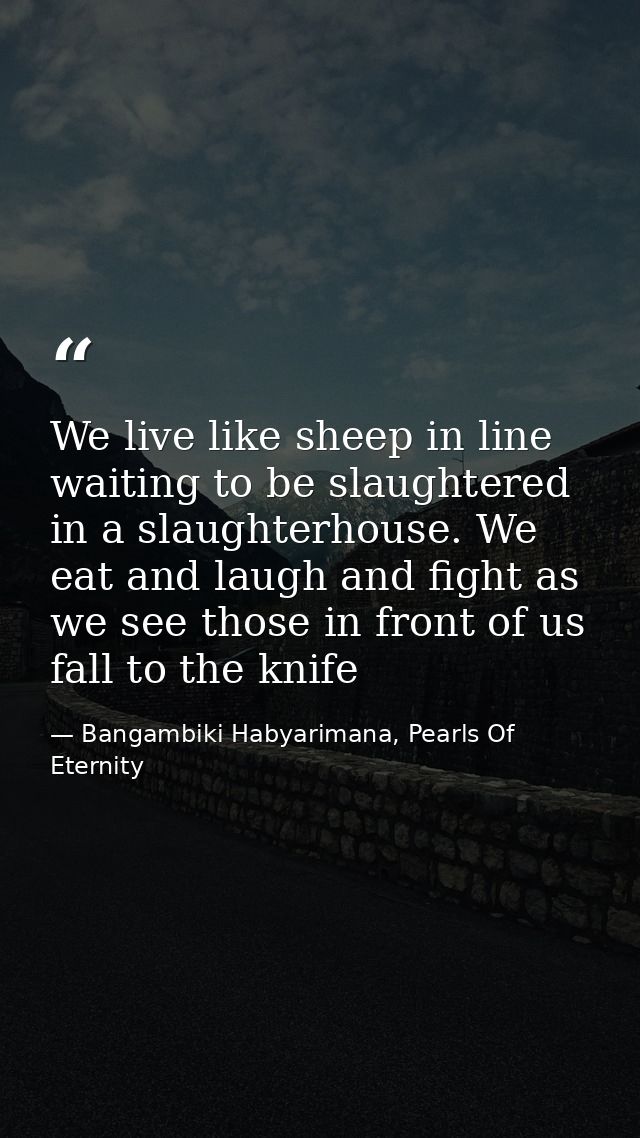 We live like sheep in line waiting to be slaughtered in a slaughterhouse. We eat and laugh and fight as we see those in  — Bangambiki Habyarimana, Pearls Of Eternity