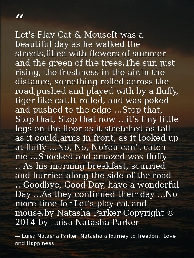Let's Play Cat & MouseIt was a beautiful day as he walked the streets,filled with flowers of summer and the green of the — Luisa Natasha Parker, Natasha a Journey to Freedom, Love and Happiness