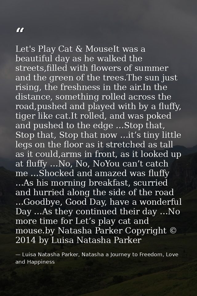 Let's Play Cat & MouseIt was a beautiful day as he walked the streets,filled with flowers of summer and the green of the — Luisa Natasha Parker, Natasha a Journey to Freedom, Love and Happiness