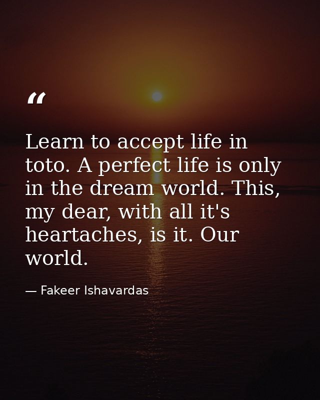 Learn to accept life in toto. A perfect life is only in the dream world. This, my dear, with all it's heartaches, is it. — Fakeer Ishavardas