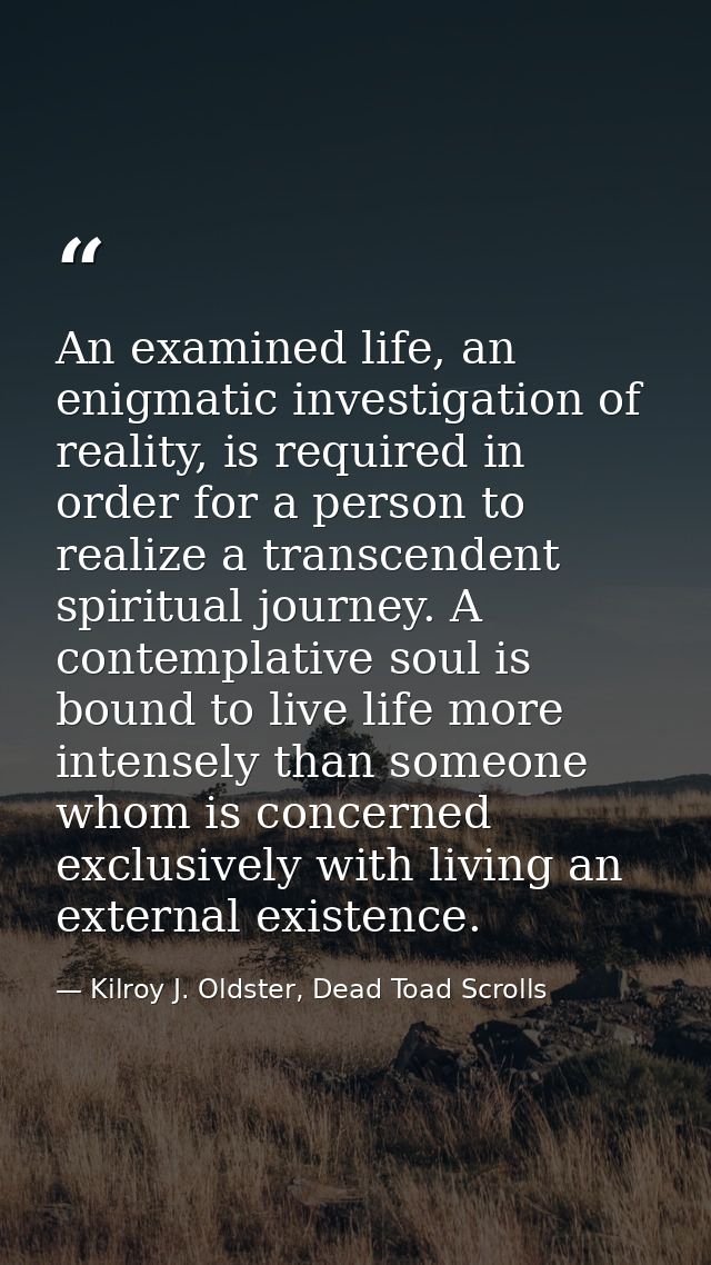 An examined life, an enigmatic investigation of reality, is required in order for a person to realize a transcendent spi — Kilroy J. Oldster, Dead Toad Scrolls