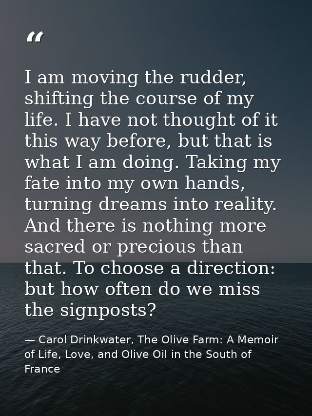 I am moving the rudder, shifting the course of my life. I have not thought of it this way before, but that is what I am  — Carol Drinkwater, The Olive Farm: A Memoir of Life, Love, and Olive Oil in the South of France