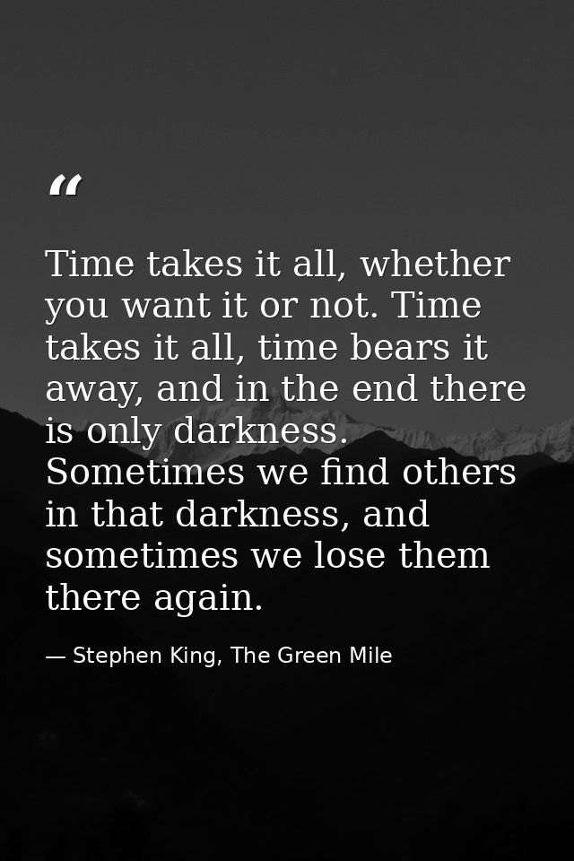 Time takes it all, whether you want it or not. Time takes it all, time bears it away, and in the end there is only darkn — Stephen King, The Green Mile