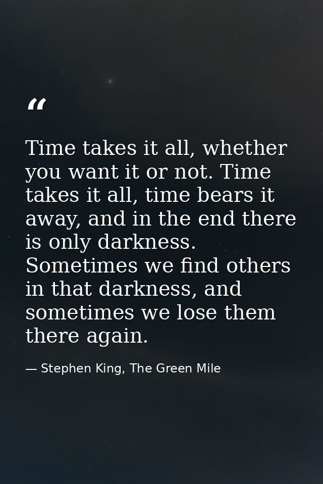 Time takes it all, whether you want it or not. Time takes it all, time bears it away, and in the end there is only darkn — Stephen King, The Green Mile