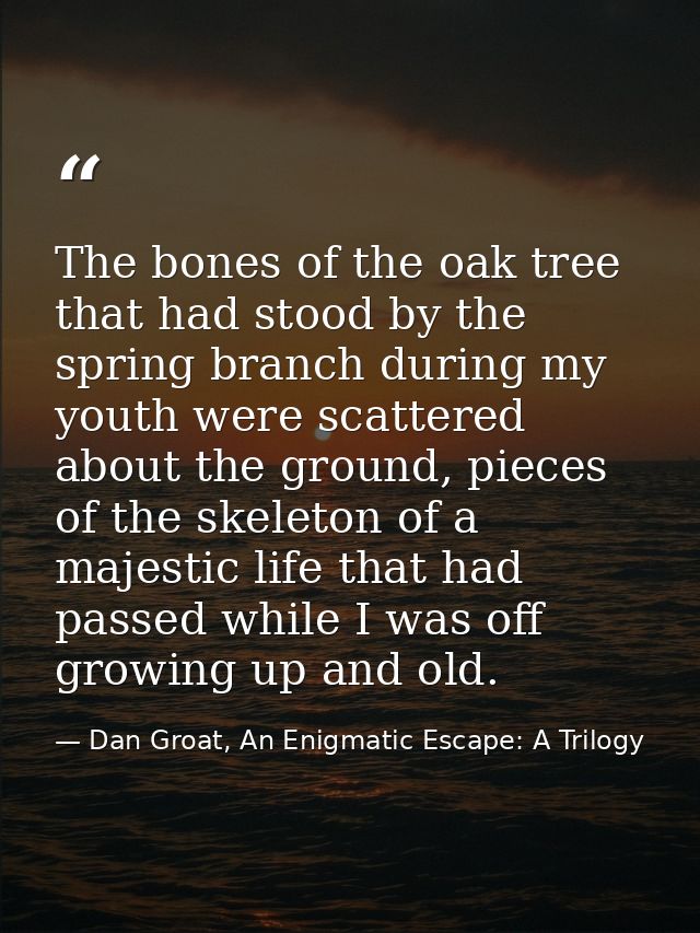 The bones of the oak tree that had stood by the spring branch during my youth were scattered about the ground, pieces of — Dan Groat, An Enigmatic Escape: A Trilogy