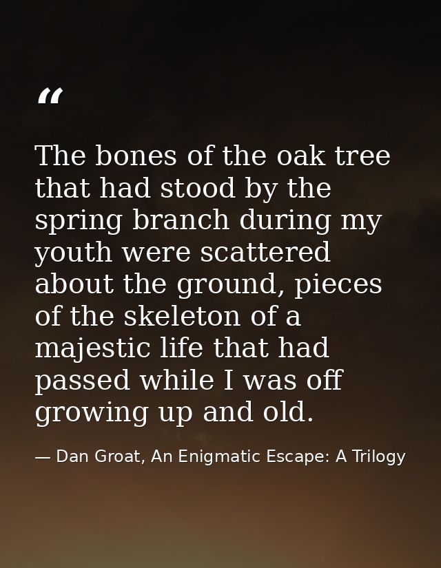 The bones of the oak tree that had stood by the spring branch during my youth were scattered about the ground, pieces of — Dan Groat, An Enigmatic Escape: A Trilogy