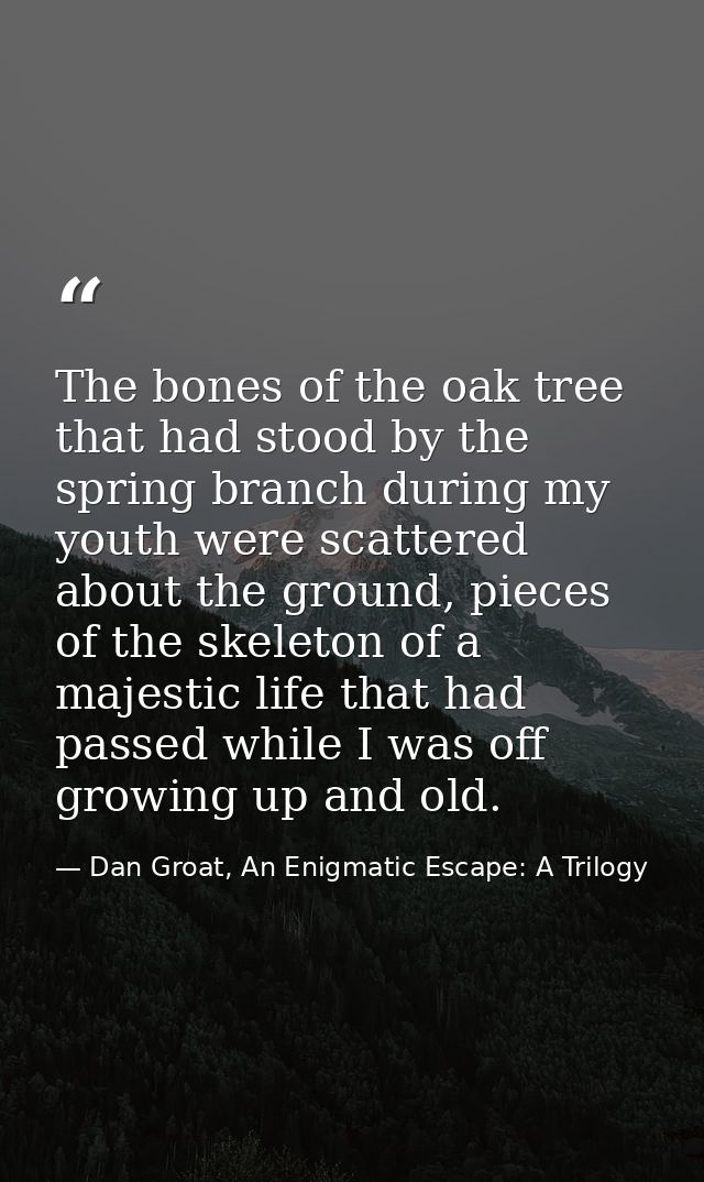 The bones of the oak tree that had stood by the spring branch during my youth were scattered about the ground, pieces of — Dan Groat, An Enigmatic Escape: A Trilogy