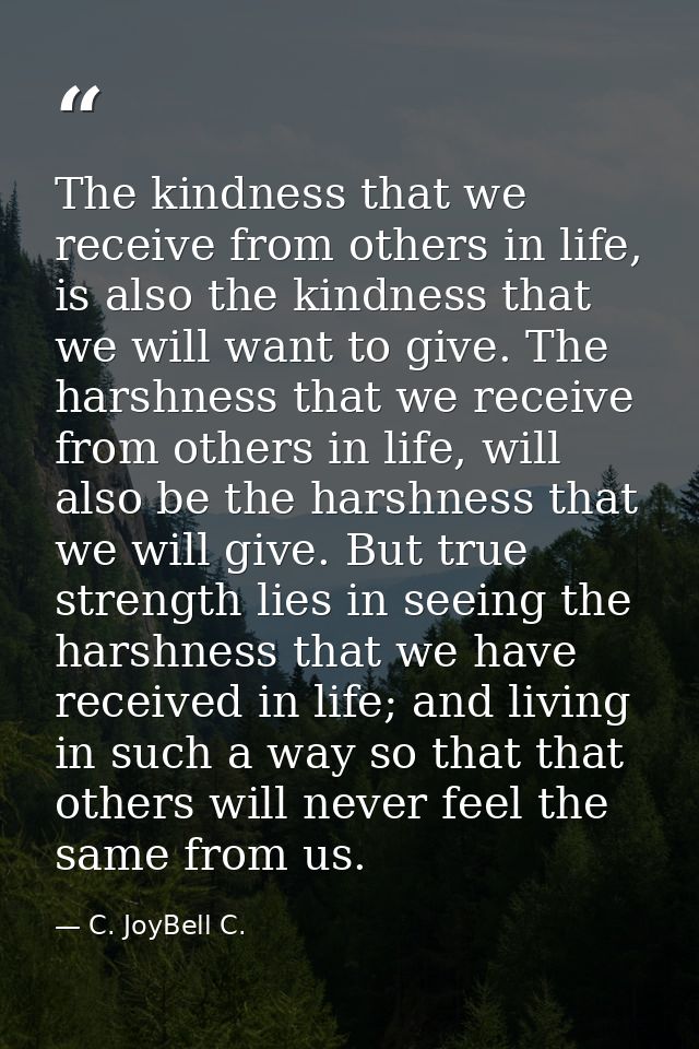 The kindness that we receive from others in life, is also the kindness that we will want to give. The harshness that we  — C. JoyBell C.