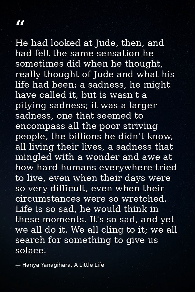 He had looked at Jude, then, and had felt the same sensation he sometimes did when he thought, really thought of Jude an — Hanya Yanagihara, A Little Life