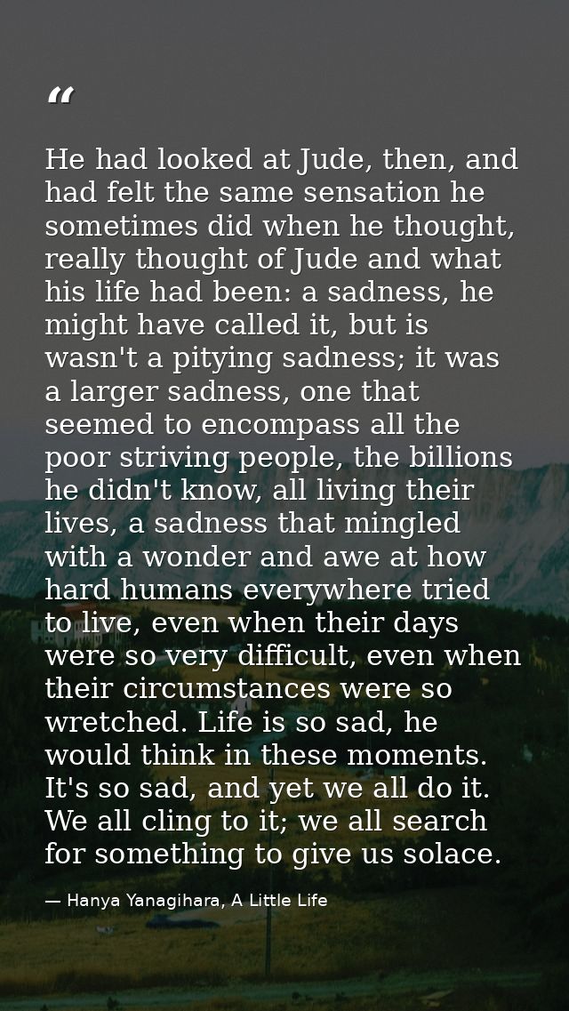 He had looked at Jude, then, and had felt the same sensation he sometimes did when he thought, really thought of Jude an — Hanya Yanagihara, A Little Life