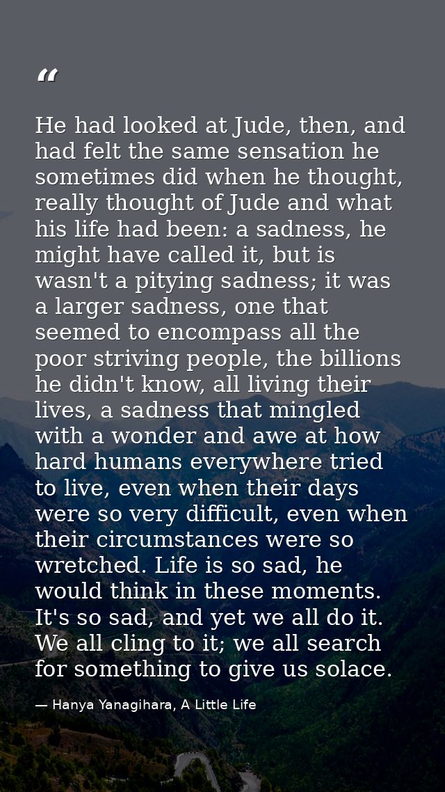 He had looked at Jude, then, and had felt the same sensation he sometimes did when he thought, really thought of Jude an — Hanya Yanagihara, A Little Life